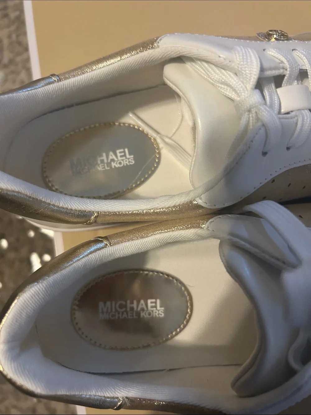 Michael Kors White and Gold Leather Low-Top Sneakers